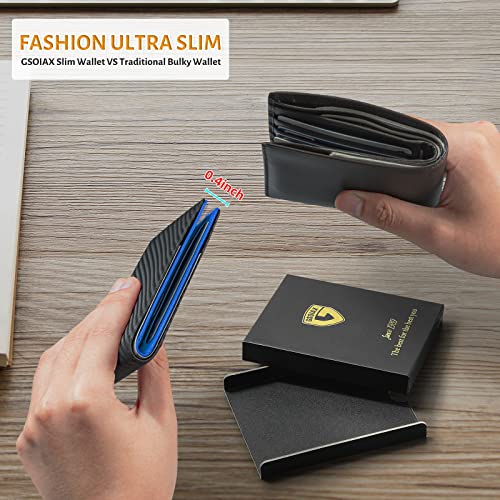 GSOIAX Slim Leather RFID Bifold Wallet for Men Minimalist Front Pocket Wallet with Money Clip,12 Card Slots,ID Window,Cool Groove Design,Includes Gift Box(Carbon blue)3