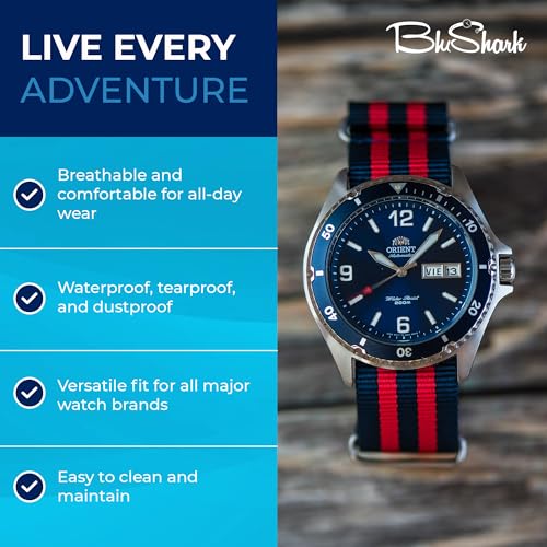 Image of BluShark - Original Collection Military-Style Waterproof Watch Strap, Fits All Timepiece Brands, Durable Nylon Wristwatch Accessories with Stainless Steel Buckle - 18mm, 20mm, 22mm & 24mm Watch Bands