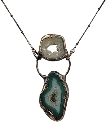 Crystal Joys Bohemian Style Gemstone Necklace Green Agate Geode Slice Two Stone Necklace, Various