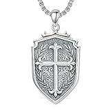 Swordgod Cross Shield Necklace 925 Sterling Silver Armor of God Mens Pendant Shields of Strength Necklace Men Valentines Day Gifts for Husband Templar Crusade Religious Faith Pendant