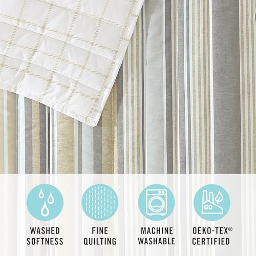 Image of Martha Stewart - Full Queen Size Quilt Bedding Set - 3 Piece, Soft Washed Microfiber, Printed Bedspread, Reversible, All Season, 1 Quilt, 2 Standard Pillow Shams, Gray & Khaki, Lefferts Stripe Print