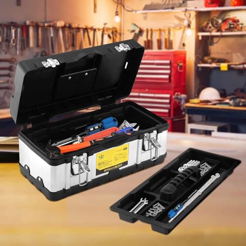 CROWNSHOP Tool Box ToolBox StorageHeavy Duty Stainless Steel Portable Toolbox with Metal Dual Latch Removable Tray Storage Case with Tray and Latch for Small Parts for Tools (17 Inch) 5 CROWNSHOP Tool Box ToolBox StorageHeavy Duty Stainless Steel Portable Toolbox with Metal Dual Latch Removable Tray Storage Case with Tray and Latch for Small Parts for Tools (17 Inch) - Image 5