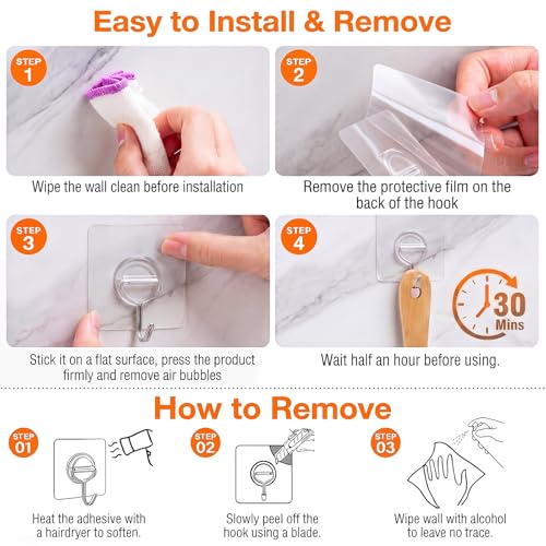 Image of 48 Pack Clear Adhesive Wall Hooks for Hanging Heavy-Duty 33Lb No Damage