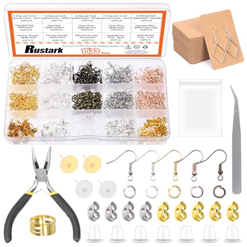 Rustark 1533Pcs Hypoallergenic Earring Making Supplies Kit with Earring Hook Earring Back Earring Posts Jump Ring Jewelry Pliers Earring Holder Card Clear Bag for Jewelry Making Earring Repair