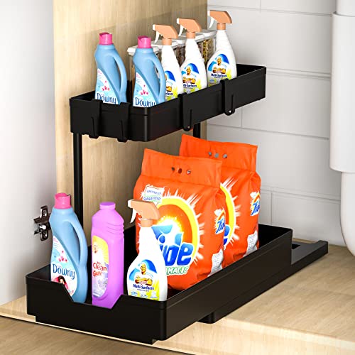 VORHOT Unter Waschbecken Regal 2 Etagen, Herausziehbarer Spülschrankregal, L Form Aufbewahrung Unter der Spüle mit 4 Haken, Under Sink Schrank Organizer für Badezimmer, Küchen, Schwarz
