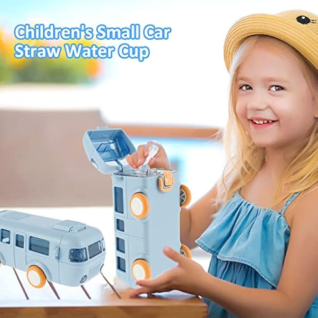 16oz Bus Water Bottle, Car Straw Water Cup, Portable Bus Water Bottle with Shoulder Strap, Leak-Proof Kids Small Square Drinking Cup, Cute Cartoon Toy Locking Flip Lid Water Kettle for Kids (Blue)