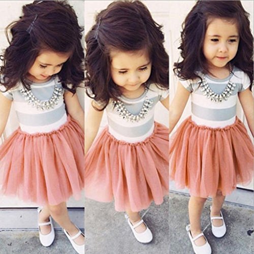 Hot Baby Dress! AMA(TM) Toddler Kids Baby Girls Summer Tulle Striped Princess Party Tutu Dress (4-5Y, Pink)