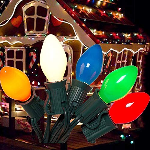 Abeja 25Ft Outdoor C9 Multicolor Ceramic Christmas Lights String Set, 7w, E17 Candelabra Socket Base, Vintage Christmas Lights for Christmas Tree Patio Outdoor Space Decorating, Green Wire