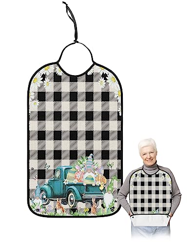 Spring Easter Adult Bibs for Eating, Waterproof Bibs with Food Catcher & Adjustable Snap Closure, Truck Colorful Eggs Bunny Gnomes Black Plaid Clothing Protectors Adult Bibs for Elderly Women/Men