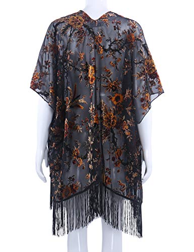 Image of MJ SERECA Women's Burnout Velvet Kimono Cardigan Cover Up with Tassel
