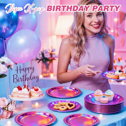 Image of Iridescent Hot Pink Paper Plates, 7 Inch Dessert Cake Plates, 50 Count Bulk | Colored and Sturdy Durable Party Plates, For Mermaid Disco Kpop Birthday, Bridal Showers, BBQ, Pool Parties, Food-Safe