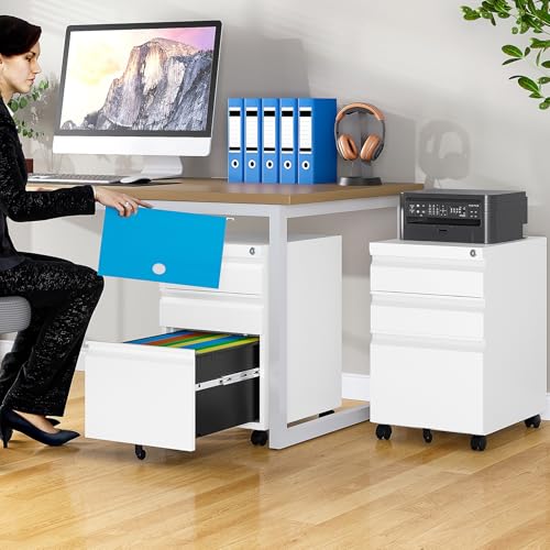 Image of Assembled 3 Drawer File Cabinet with Wheels,Under Desk File Cabinet with Lock,White Rolling Filing Cabinets, Metal Filing Cabinets for Home Office,Fit A4 /Letter /Legal,Pre-Assembled Except Caster