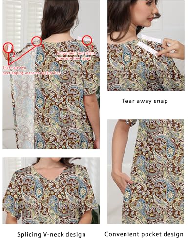 Image of Hospital Gowns for Women Open Back Tear Away Snap Post shoulder Dress Short Sleeve Soft Adaptive Clothing with Pockets
