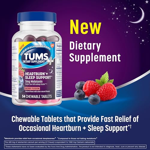 TUMS Heartburn Plus Sleep Support Chewable Dietary Supplement Tablets for Occasional Heartburn Relief Plus Sleep Support, Berry Fusion - 54 Count - Image 3