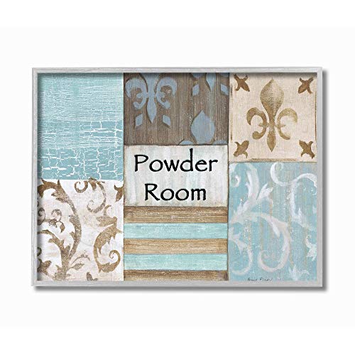 Stupell Industries The Stupell Home Decor Collection Fleur de Lis Powder Room Blue, Brown and Beige Bathroom Grey Framed Wall Art, 16 x 20, Design by Artist Bonnie Wrublesky