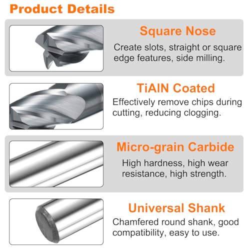 Image of HARFINGTON Carbide Square Nose End Mill Bit 1 /2 inch Cut Dia 4 Flutes TiAlN Coated Milling Cutter for Hardened Steel Metal (1 /2 inch Shank 5 /8 inch Cut Length 2-1 /2 inch Long 30 Degree Helix HRC53-55)