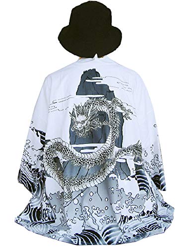 Men's Kimono Yukata Cardigan Casual Dragon Pattern Open Front Coat (Black, Large)