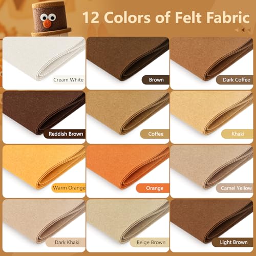 Image of 12 Rolls 8 inchx35 inch Large Stiff Felt Sheets, 1mm Felt Fabric Sheet for Crafts | 12 Assorted Brown Colors Felt Fabric Bundle Pack, Durable Nonwoven Fabric for DIY Sewing, Art, Party & Holiday Ornament