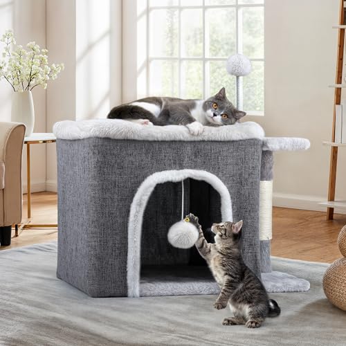 YITAHOME Katzenhaus Indoor,Faltbares Katzenhaus 47L x 40B x 32H cm Große Katzenhöhle mit Kratzbrett und Spielball Katzenbett Höhle Katzentonne für...