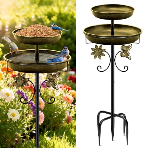 Mngren Vogeltränke Stehend,Vogelbad für Draußen Garten,2 In 1 Metall Vogelbecken Schüssel Wassertränke für Vögel, Antike Vogeltränke Winterfest Futter Wasserschale (Antik Goldene)
