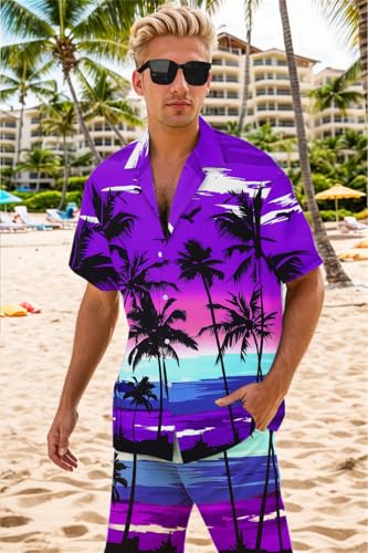 Image of Cromoncent Boy and Men Hawaiian Outfits Short Sleeve Shirts and Shorts Hawaiian Suits Beach Tropical 2 Pcs Vacation Sets