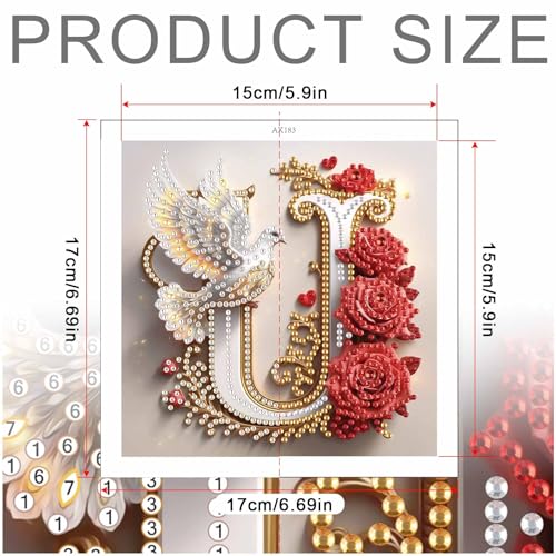 Image of AiYuanzsh 5D Diamond Art Kits for Adults Letter U, Unique Red Rose & Dove Alphabet Diamond Painting Kit, Luxury Special Shape Diamond Art for Adults DIY Crystal Rhinestones Craft Wall Decor 17x17cm