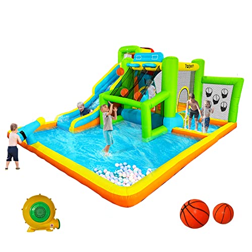 Hüpfburg mit Gebläse Trocken-/Wasserrutsch Wasserpark für Kinder Outdoor Indoor, Wasserhüpfburg Garten XXL mit Kletterwand Trampolin Basketballkorb