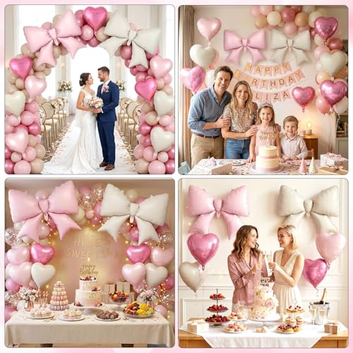Image of 12 Pcs 18 Inch Heart Balloons and 38 Inch Bow Balloons, Large Foil Bow Heart Balloon Bow Party Decorations for Birthday Baby Shower Valentines Wedding Party