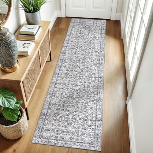 2x8 Grey Blue Washable Runner Rug for Hallways, Soft Classic Kitchen Rugs with Non-Slip, Non-Shedding Distressed Floral Rug for Hallways Entryway Bedroom Bathroom Laundry Indoor