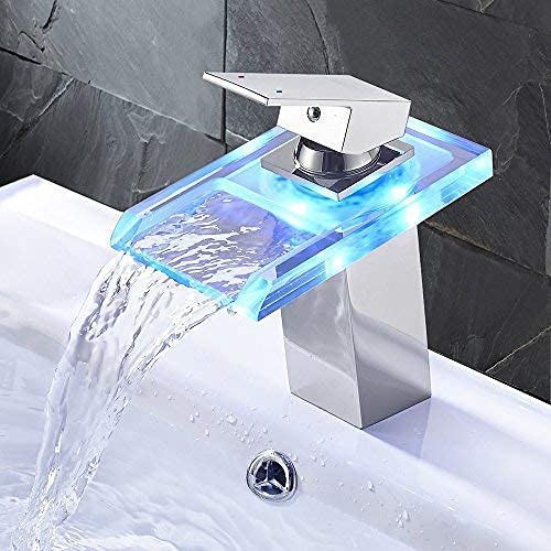 Rovogo Color Changing Led Faucet For Bathroom Sink, Waterfall Type Faucet Single Handle Single Hole, Brass Bathroom Faucet With Glass Spout, Chrome #TOP6