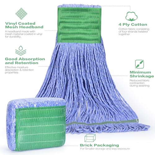Image of Matthew Cleaning Heavy Duty Mop Head Replacement, 5 Inch Wide Headband, Color Coded Looped End Cotton String Wet Mops for Floor Cleaning, Medium Size 18 oz, 12 Pack