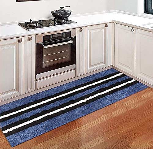 Image of Flooring India Co. Floor Runner Super Soft, Anti Slip Stripe Mats (Blue, 58x140 cm) Pack of 1