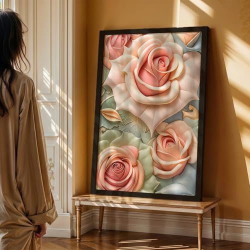 Image of NoWorries 3D Rose Floral Wall Painting with Frame Set of 1 | Premium Textured Pastel Flower Artwork, Luxury Botanical Nature Wall Decor for Living Room, Bedroom, Office and Home Decoration (3d Art-12,17x25inch)