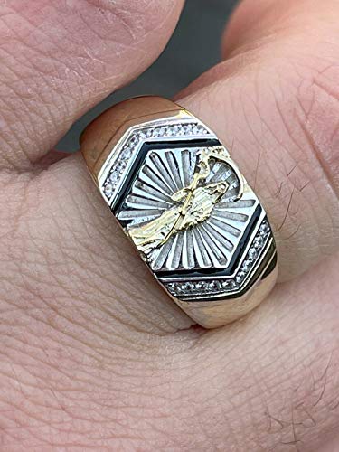 HarlemBling Real Solid 925 Sterling Silver - Grim Reaper Santa Muerte Men's Ring - 14k Yellow Gold Finish - Diamond Cut Icy Ring For Men - Sizes 6-132