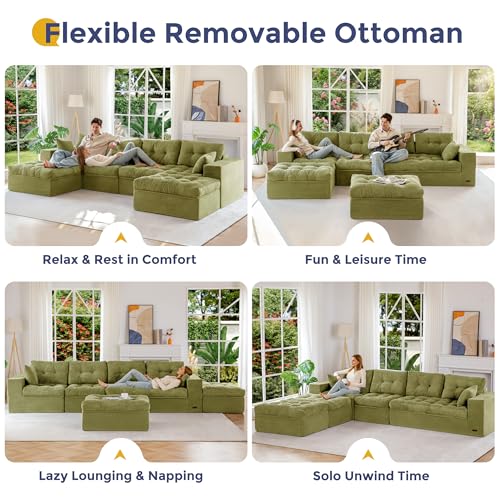 Image of MAXYOYO 132 inch U Shaped Modular Sectional Sofa with 2 Ottomans, Cloud Boneless Couch with Layered Cushion, Flexible Module Combination Sofa for Living Room, No Assembly Required, Green