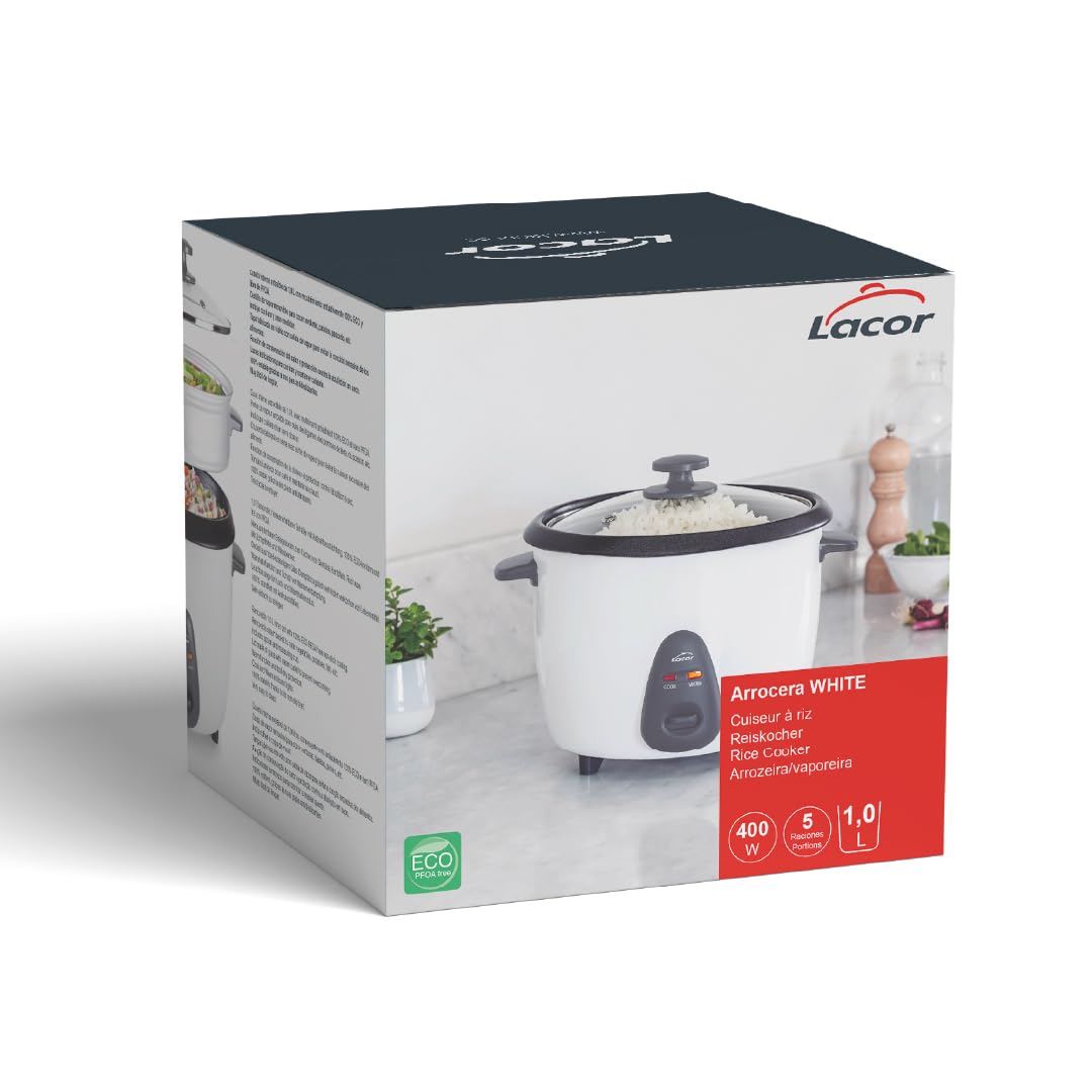 Lacor - 69441 - Arrocera Eléctrica 1 L, 5 Raciones, Antiadherente ECO, Tapa de Vidrio, Luces Indicadoras, 100% Estable, Fácil Limpieza, 100% libre de PFOA, Negro, Dimensiones: 27.5x23.5x22 cm