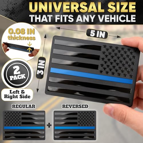 Image of 3D Black American Flag Decal for Car with Blue Line | Embossed Aluminum - 1 Pair 5 inchx3 inch Matte Black Brushed Metal | UV-Proof Rust-Free US Flag Stickers for Car, Truck, SUV, Motorcycle, Laptop, Mailbox