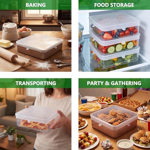 Image of 2 Pcs 9x9 Inch Silicone Bakeware Lids, Reusable Safe Storage Lids Square Replacement Cover Stretchable for Baking Dishes, Casserole Dishes, Cake Pan, Freezer, Microwave Safe Food Cover