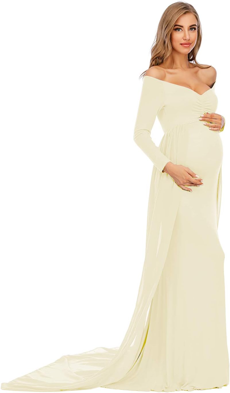 ZIUMUDY Maternity Off Shoulder Long Sleeve Fitted Gown Maxi Chiffon Dress for Photo Shoot Baby Shower - Image 5