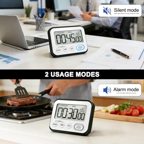 Digital Kitchen Timer Magnetic Loud Alarm, Large LCD Screen Silent/Beeping Multi-Function for Teachers Classroom Kids, Black - Image 5