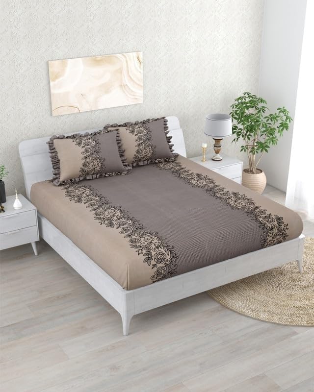 Image of 380 TC Premium Glace Cotton Elastic Fitted Bedsheet King Size with 2 Pillow Covers King Size | Double Bed with All Around Elastic (Coffee Frill, Fitted Queen-60x78)