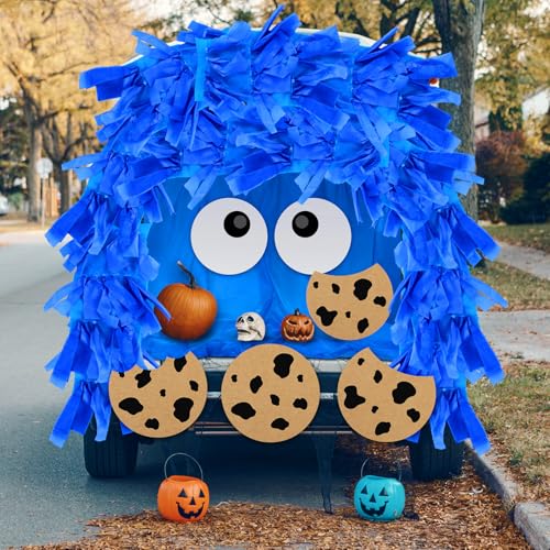 Supervitae 39 Pcs Halloween Trunk-or-Treat Car Decoration Kit Cookies Blue Monster SUV Decor with Cookies Cutouts Plastic Blue Tablecloth Monster Character for Car Archway Decor Party Supplies