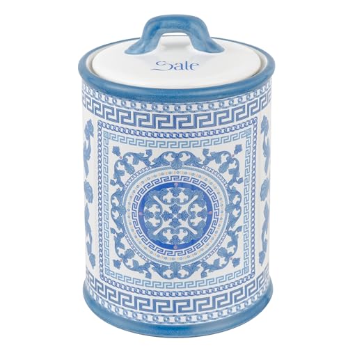 Baroni Home Tarro de sal decorado de cerámica con tapa hermética, accesorio de cocina colorido, resistente, línea mayólica azul, 11 x 11 x 17 cm
