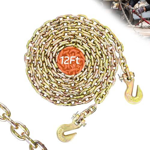 Image of 1 /4 inch Tow Chain | WLL 3,300 Lbs | 12FT High Strength Chain G80 Heavy Duty Log Chain with Clevis Grab Hooks for Towing | Trailer Transport Safety Chain for Truck Tie Down Binding Equipment