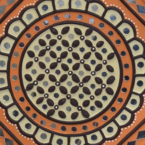 Image of Ethnics of Kutch Traditional Kutch Handicraft Mud-Mirrorwork Lippan Kam Wall Art (Water and Break Resistant) - Square (12 inch x 12 inch) - (Orange LKT-0266)