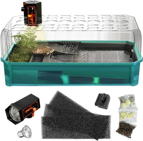 Vsell24 Aquarium Turtle Tank kit Includes Accessories with Water Filter High Anti-Escape Fence and Large Space Turtle Habitat Starter Terrarium For Baby Turtles (M(34.5X18X18Cm))