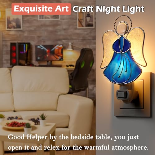 Image of Stained Glass Blue Guardian Angel Night Lights Plug into Wall | Plug in Night Light In Wall Socket Decorative Nightlight for Bedroom Hallway,Mothers Day Gifts for Mom Birthday Christmas