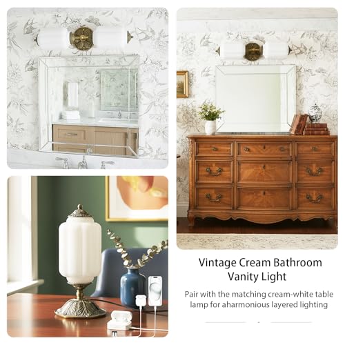 Image of Milk Glass Bathroom Vanity Light - 2-Light Wall Sconce with Brass Finish Base & Green Glass Shade - Wall Sconce Lighting for Mirror, Kitchen, Living Room (White Glass with Gold Metal Accents)