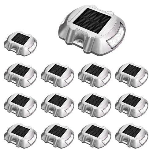 JIGUOOR Solar Deck Lights LED Driveway Lights Solar Powered Dock Light Outdoor IP68 Waterproof Road Markers for Step Sidewalk Stair Boat Garden Ground Pathway Yard (White, 14 Pack)