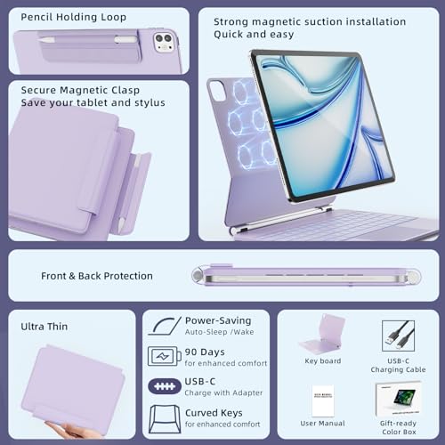 Image of RAYMCRAFT for iPad Air 13-inch Case with Keyboard (M4 /M3 /M2, 2026 /2025 /2024) & iPad Pro 12.9 (6th /5th /4th /3rd) Magic Keyboard, 11-Color Backlight, Multi-Touch Trackpad with Safe Pencil Buckle, Purple